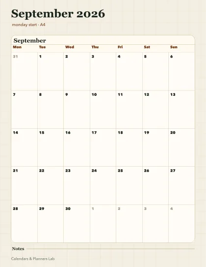 September 2026 Australia calendar printable printable preview