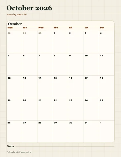 October 2026 Australia calendar printable printable preview
