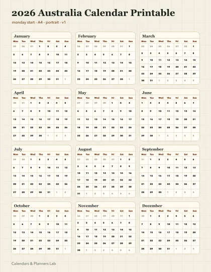2026 Australia calendar printable printable preview