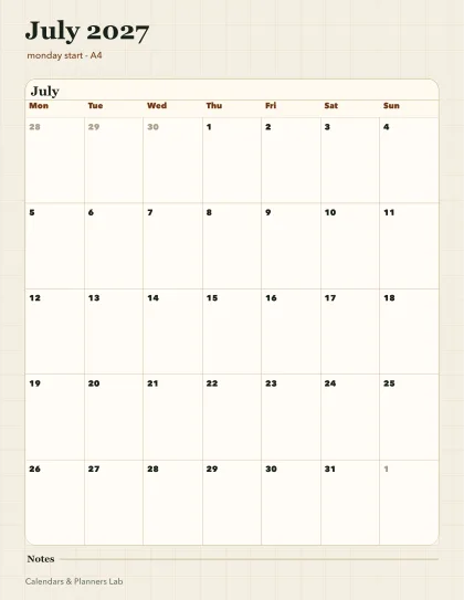July 2027 Australia calendar printable printable preview