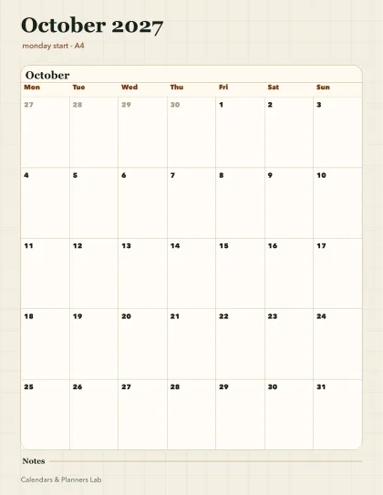 October 2027 Australia calendar printable printable preview