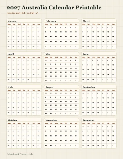 2027 Australia calendar printable printable preview