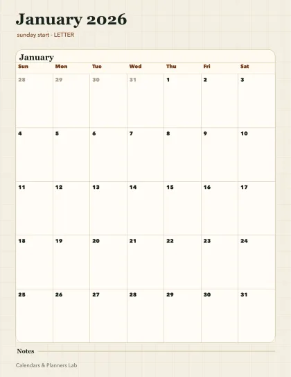 January 2026 Canada calendar printable printable preview