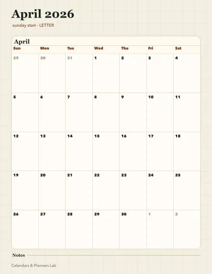 April 2026 Canada calendar printable printable preview