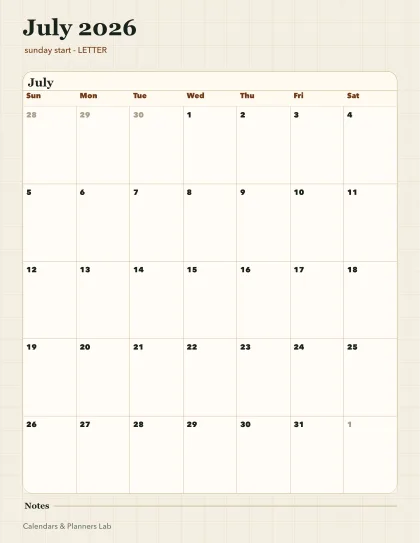 July 2026 Canada calendar printable printable preview