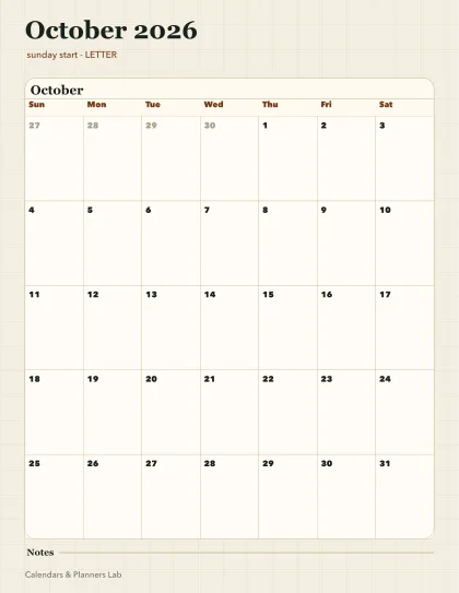 October 2026 Canada calendar printable printable preview