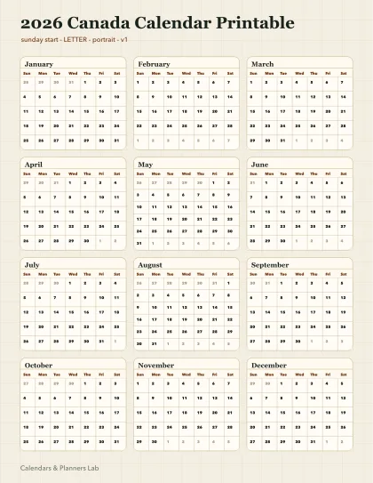2026 Canada calendar printable printable preview