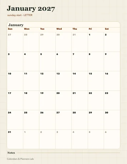 January 2027 Canada calendar printable printable preview