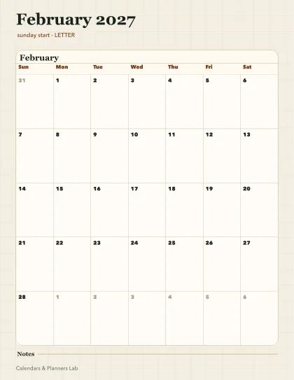 February 2027 Canada calendar printable printable preview