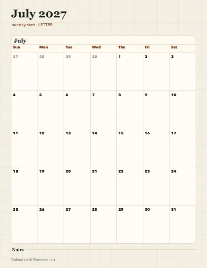 July 2027 Canada calendar printable printable preview