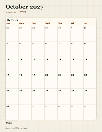 October 2027 Canada calendar printable printable preview