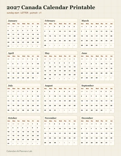 2027 Canada calendar printable printable preview