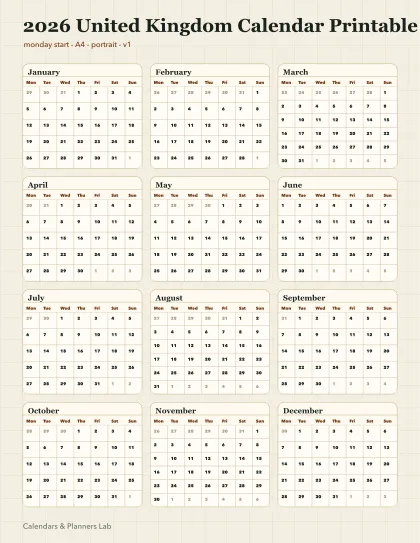 2026 United Kingdom calendar printable printable preview