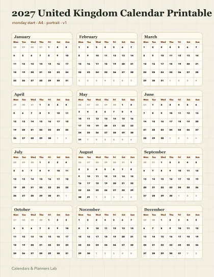 2027 United Kingdom calendar printable printable preview