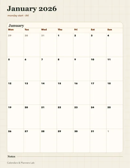 January 2026 Ireland calendar printable printable preview