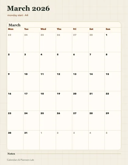 March 2026 Ireland calendar printable printable preview