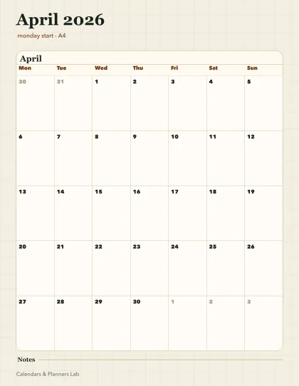 April 2026 Ireland calendar printable printable preview