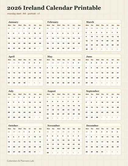 2026 Ireland calendar printable printable preview