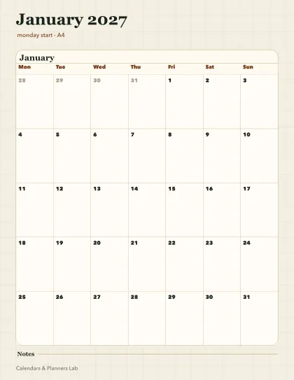 January 2027 Ireland calendar printable printable preview