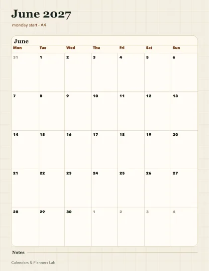 June 2027 Ireland calendar printable printable preview