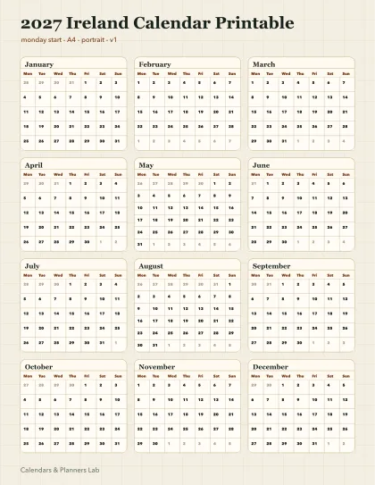 2027 Ireland calendar printable printable preview