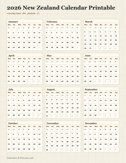 2026 New Zealand calendar printable printable preview