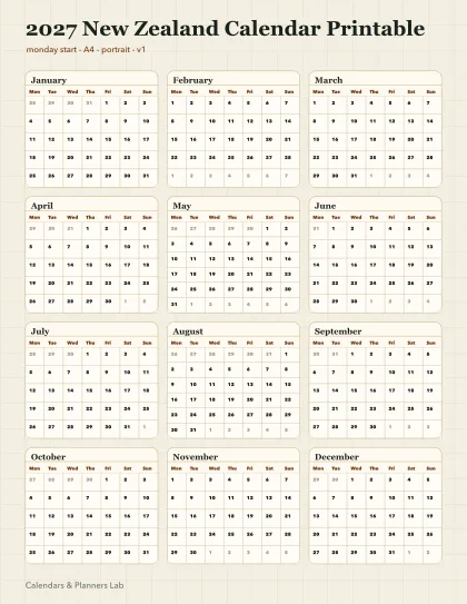 2027 New Zealand calendar printable printable preview