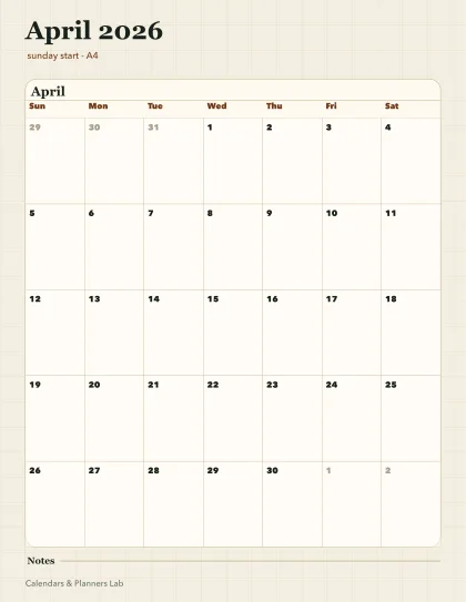 April 2026 Singapore calendar printable printable preview