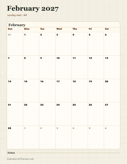 February 2027 Singapore calendar printable printable preview
