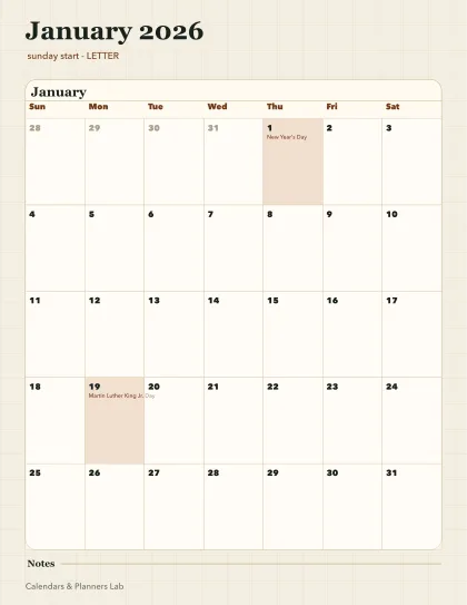 January 2026 calendar printable printable preview