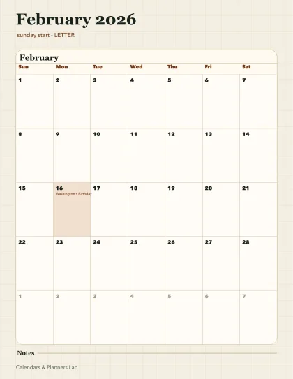 February 2026 calendar printable printable preview
