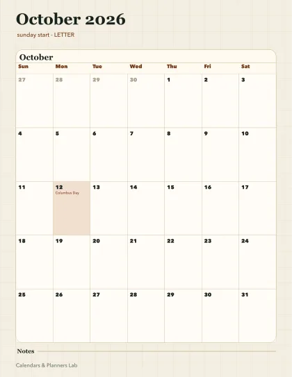 October 2026 calendar printable printable preview