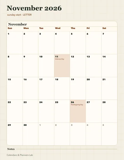 November 2026 calendar printable printable preview