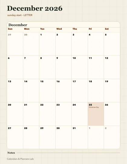 December 2026 calendar printable printable preview
