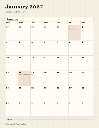 January 2027 calendar printable printable preview