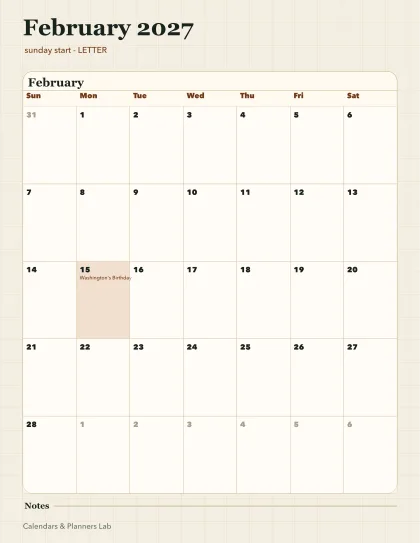 February 2027 calendar printable printable preview