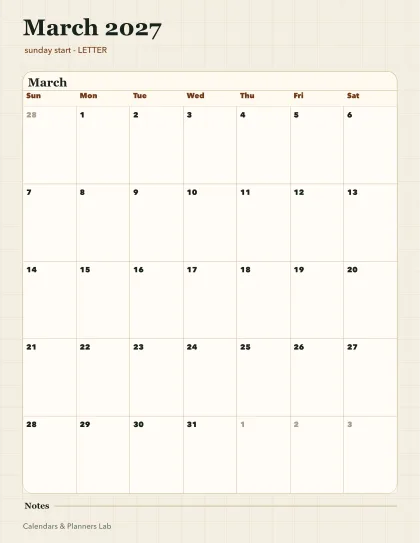 March 2027 calendar printable printable preview