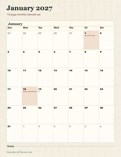 2027 monthly calendar printable printable preview